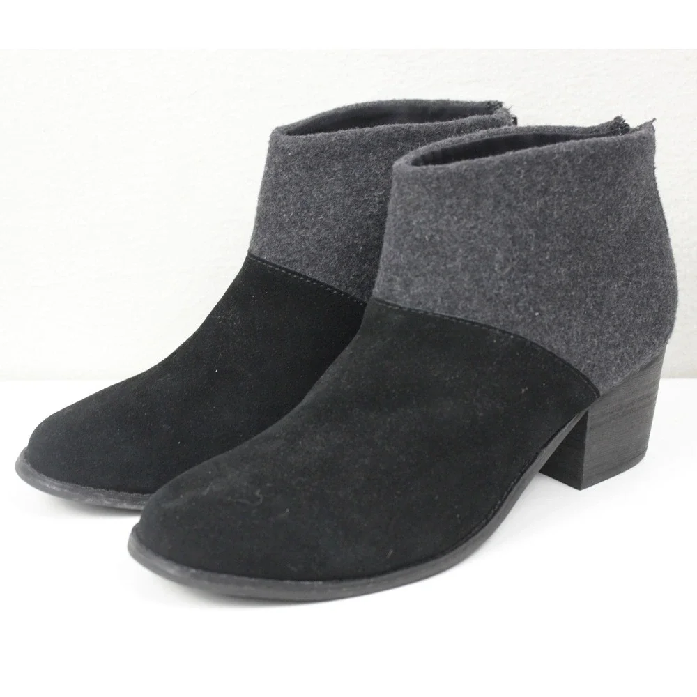 TOMS Leila Ankle Boots Womens 9.5 Black Suede Gray Wool Block Heel Zip